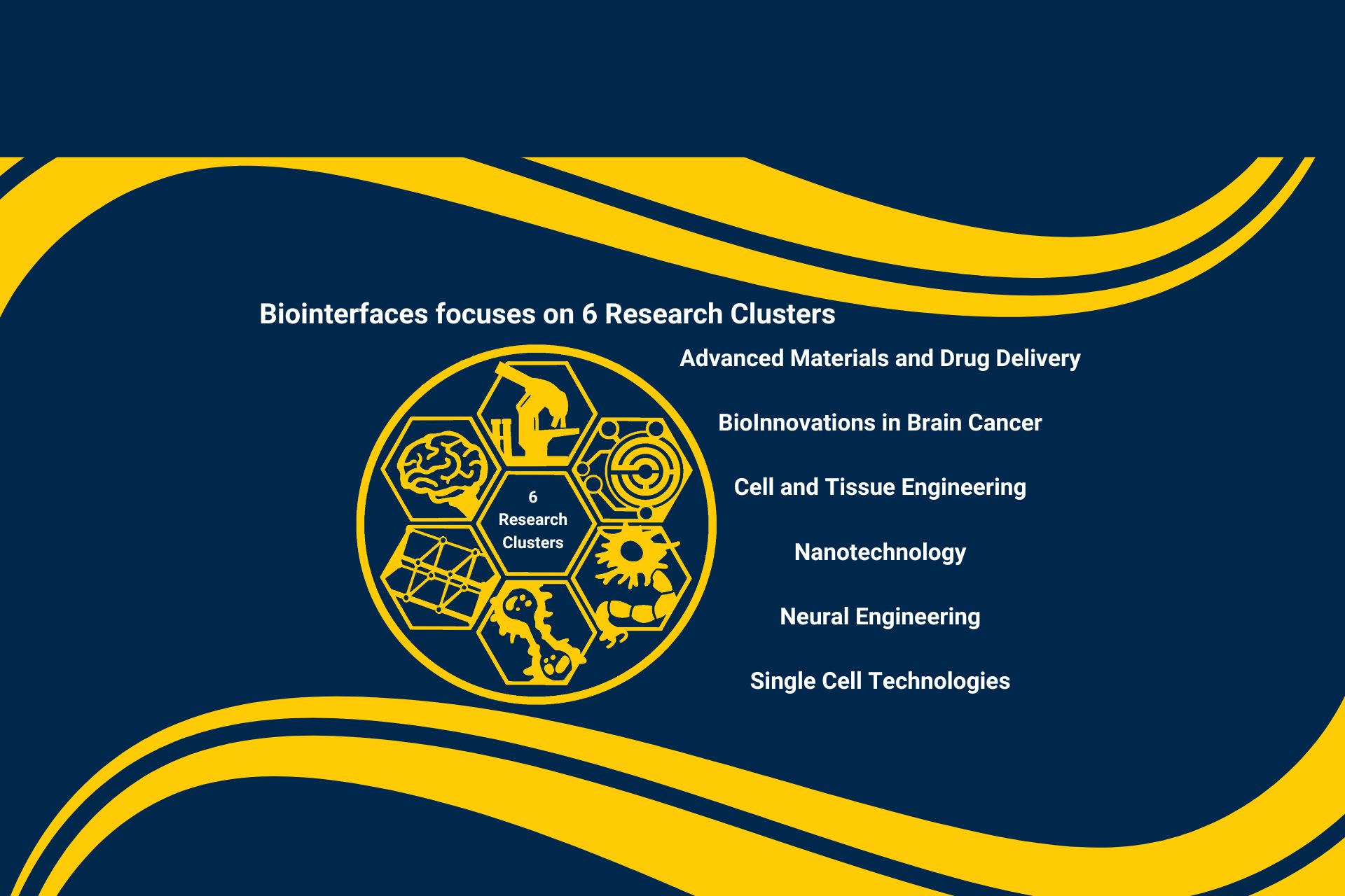 Biointerfaces focuses on 6 Research Clusters Advanced Materials and Drug Delivery BioInnovations in Brain Cancer Cell and Tissue Engineering Nanotechnology Neural Engineering Single Cell Technologies