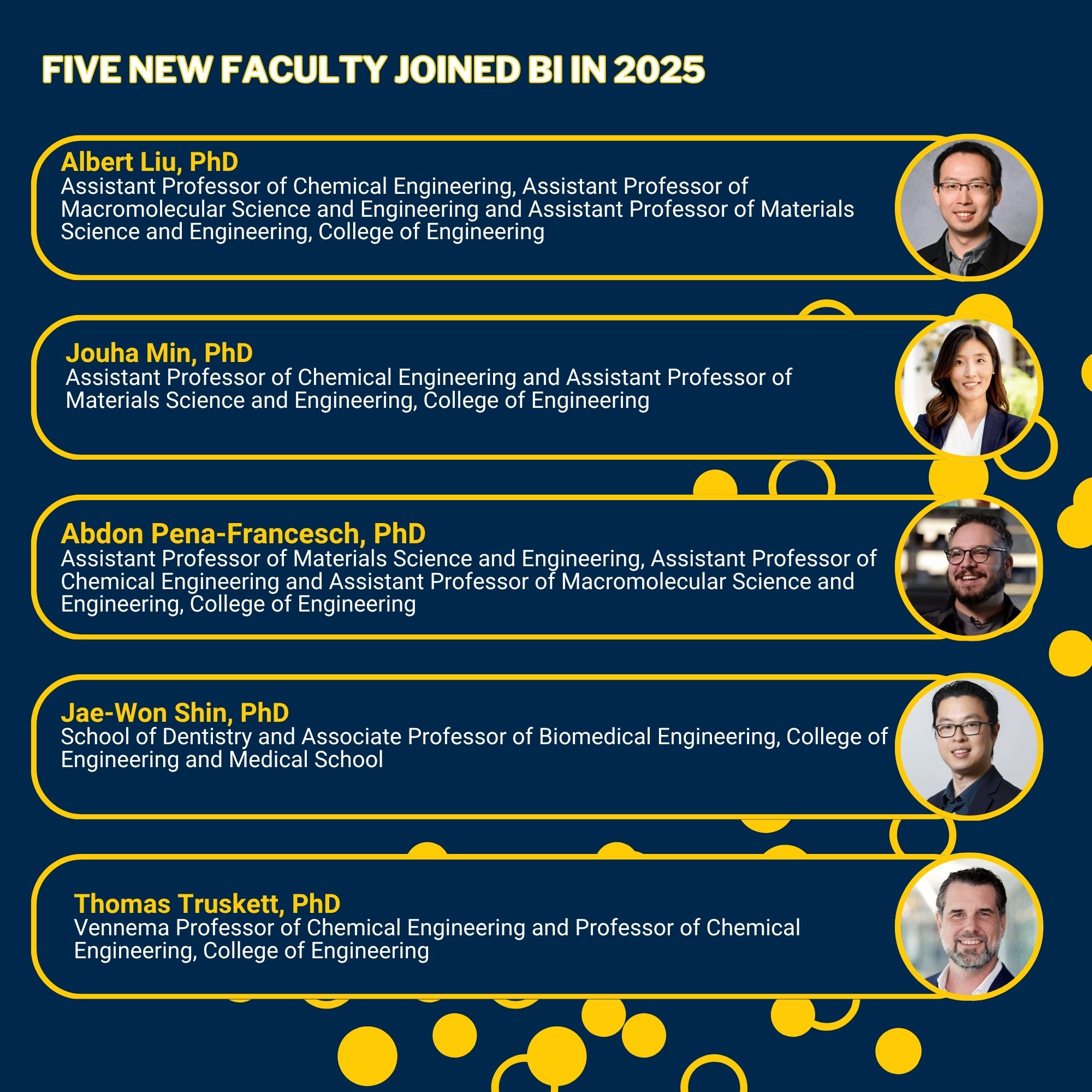 Five New Faculty joined BI in 2025 Albert Liu, PhD Assistant Professor of Chemical Engineering, Assistant Professor of Macromolecular Science and Engineering and Assistant Professor of Materials Science and Engineering, College of Engineering Photo of Dr. Liu Jouha Min, PhD Assistant Professor of Chemical Engineering and Assistant Professor of Materials Science and Engineering, College of Engineering Photo of Dr. Min Abdon Pena-Francesch, PhD Assistant Professor of Materials Science and Engineering, Assistant Professor of Chemical Engineering and Assistant Professor of Macromolecular Science and Engineering, College of Engineering Photo of Dr. Pena-Francesch Jae-Won Shin, PhD School of Dentistry and Associate Professor of Biomedical Engineering, College of Engineering and Medical School Photo of Dr. Shin Thomas Truskett, PhD Vennema Professor of Chemical Engineering and Professor of Chemical Engineering, College of Engineering Photo of Dr. Truskett