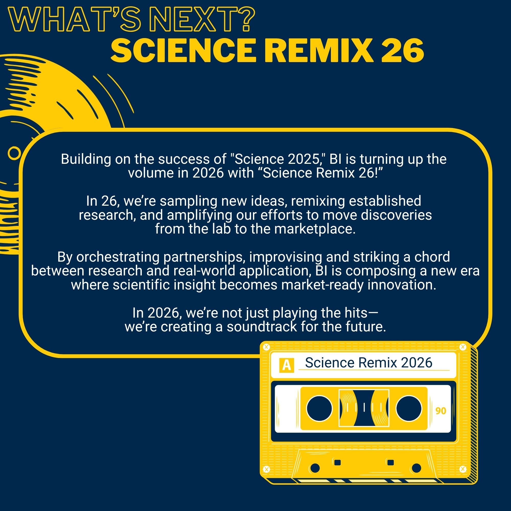 What's Next? Science Remix 26 Building on the success of "Science 2025," BI is turning up the volume in 2026 with “Science Remix 26!” In 26, we’re sampling new ideas, remixing established research, and amplifying our efforts to move discoveries from the lab to the marketplace. By orchestrating partnerships, improvising and striking a chord between research and real-world application, BI is composing a new era where scientific insight becomes market-ready innovation. In 2026, we’re not just playing the hits—we’re creating a soundtrack for the future. Image of mixed tape with words science remix 2026 