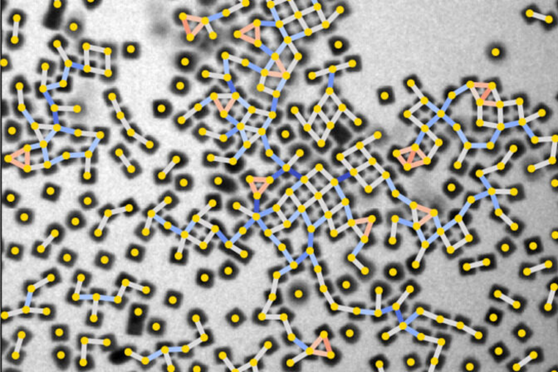 A node and edge graph overlaid on an electron microscope image of a complex gold nanoparticle structure, which includes elements of order and randomness.